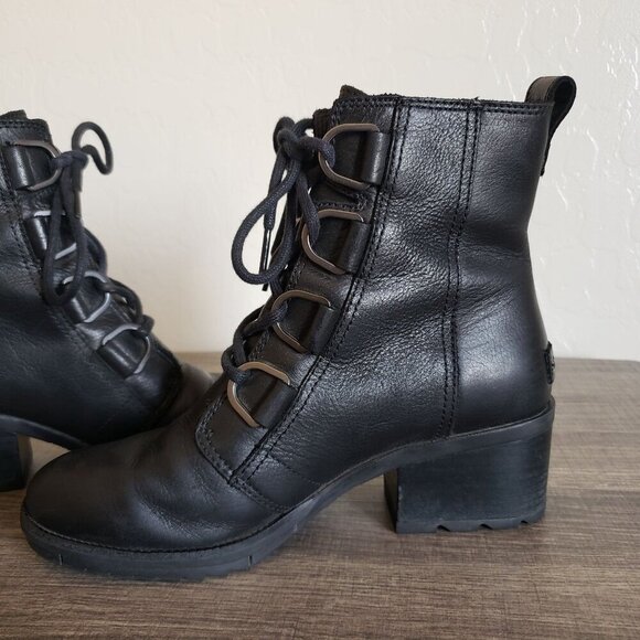 Sorel Cate Waterproof Leather Lace-Up Block Heel Ankle Boots Black 7 Biker Moto - Picture 6 of 12